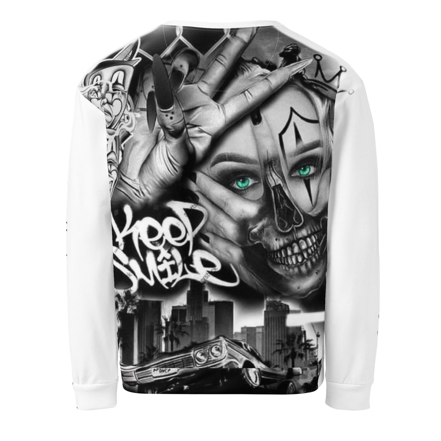 Flat lay sudadera Javistyle by Next Level blanco, collab streetwear premium España