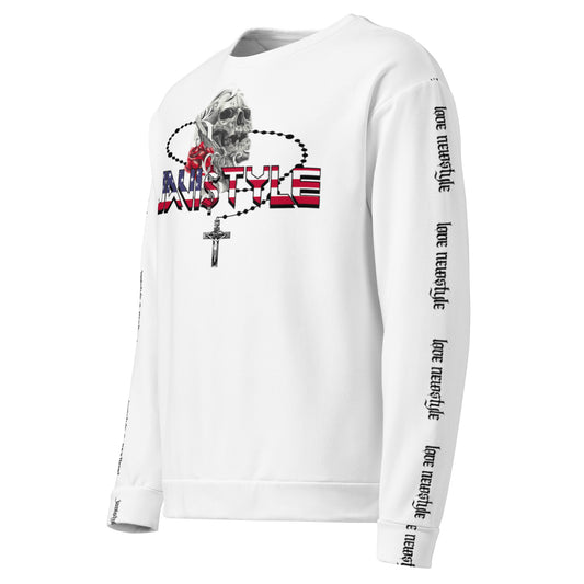 Sudadera Javistyle Next Level blanco espalda, streetwear de lujo collab España