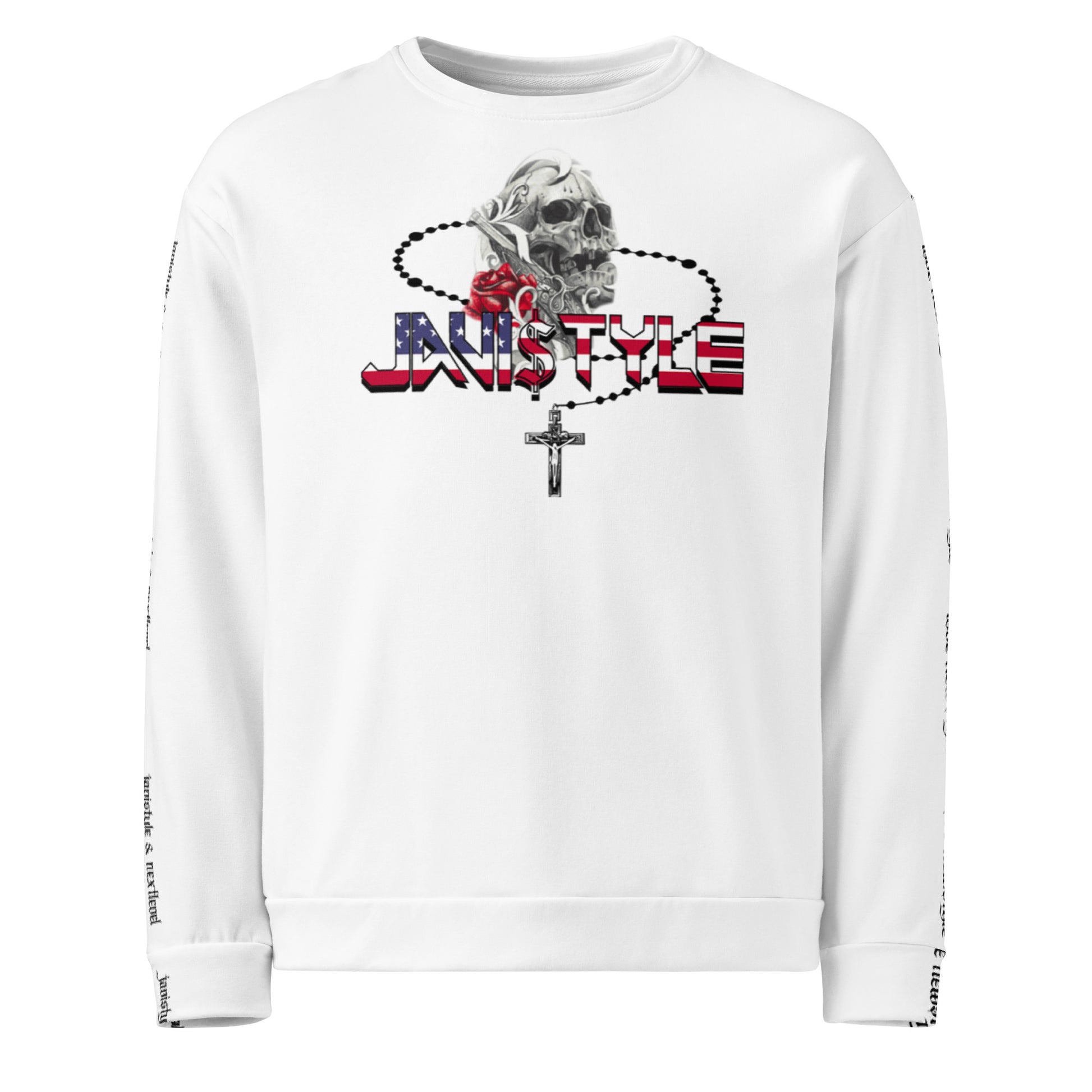 Detalle cuello sudadera blanca Javistyle Next Level, acabados premium streetwear España
