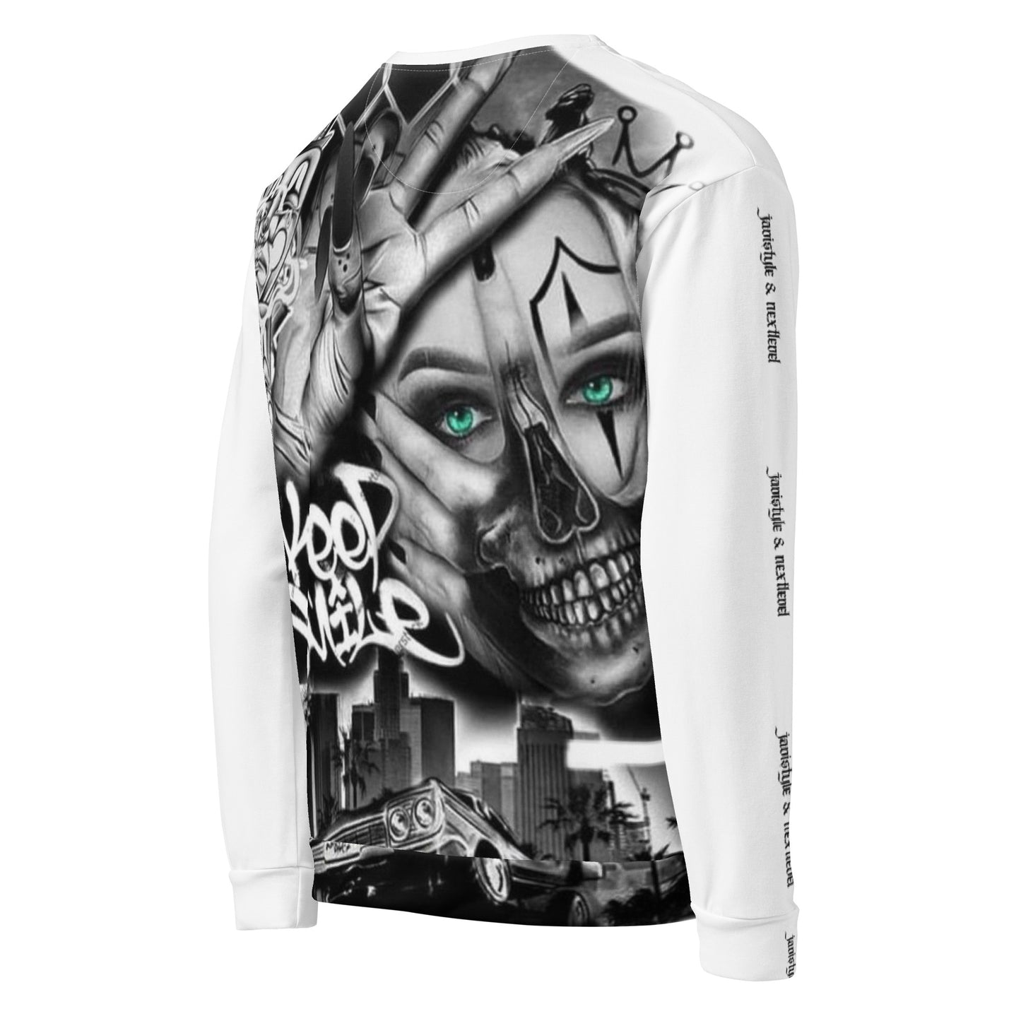 Sudadera blanca Javistyle Next Level look urbano, streetwear de lujo moda urbana España