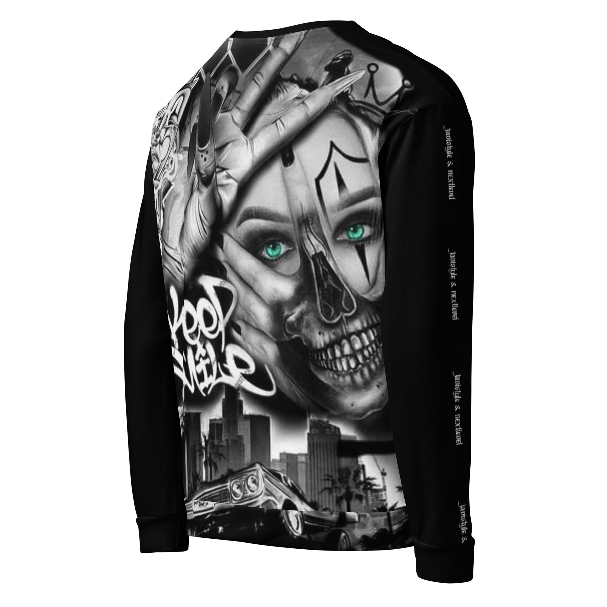 Detalle costuras superpuestas sudadera Javistyle Next Level, calidad streetwear de lujo España